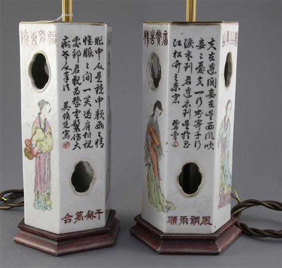 A pair of Chinese famille rose hat stands, c.1880-1910, height 27.5cm excluding late lamp fittings